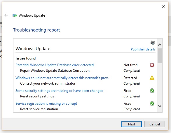 檢測到潛在的Windows Update數據庫錯誤