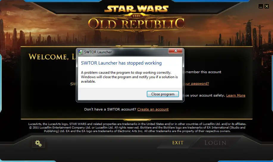 SWTOR Launcher has stopped working