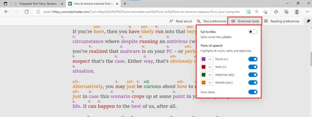 A speciális olvasási mód engedélyezése a Microsoft Edge-ben - Nyelvtani eszközök az Edge-ben