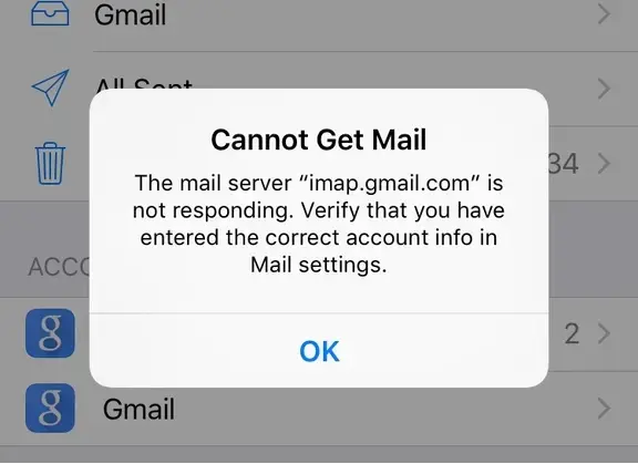 Impossible de recevoir le courrier: IMAP sur iPhone ne répond pas erreur