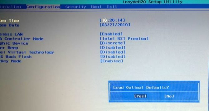 Exemple de restauration des paramètres par défaut du BIOS