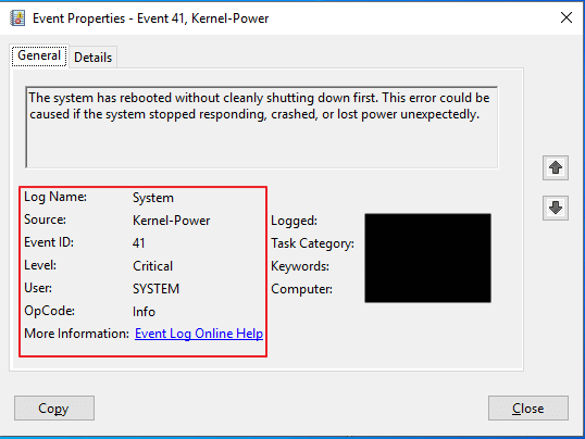 Se muestra el error Kernel power 41 en el administrador de eventos