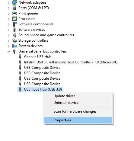 USB 根集線器屬性