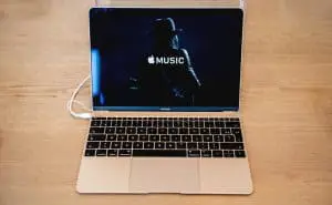 Apple Store 內部配有新款 Apple MacBook Air 筆記本電腦，在 Retina 顯示屏上提供 Apple Music 服務，背面為音樂家