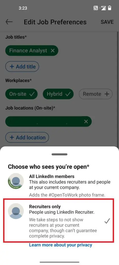 選擇僅限招聘人員選項以關閉在 LinkedIn 上的 Open to Work