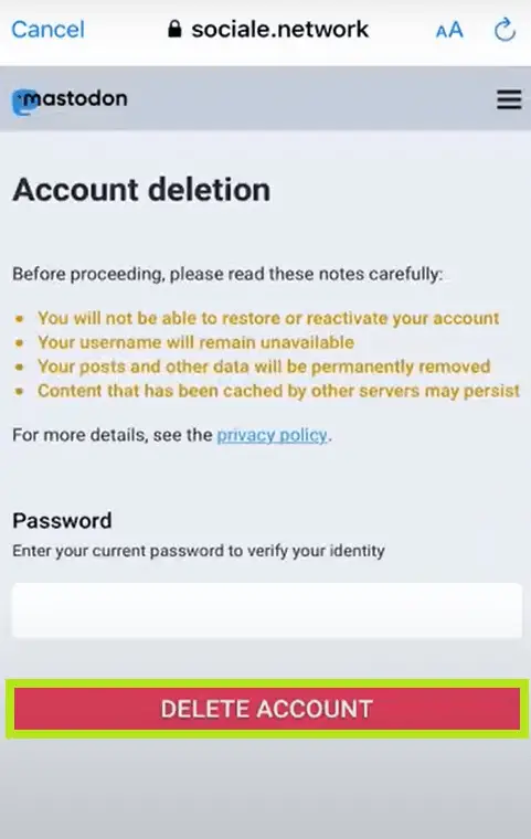 輸入密碼後，點擊刪除帳戶。 
