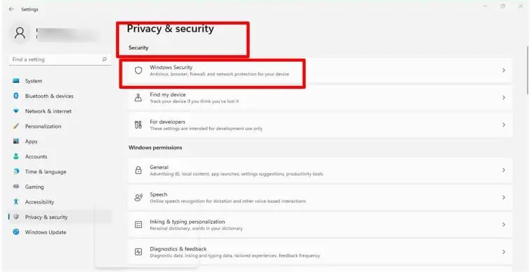 選擇隱私和安全 → Windows 安全
