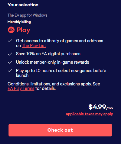 點擊結帳以獲取 EA Play 免費試用