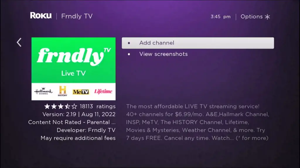 單擊添加頻道以在 Roku 上安裝 Frndly TV