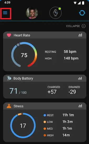 在 Garmin Connect 應用程序上重置
