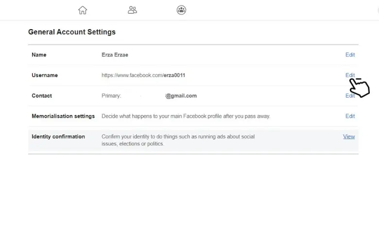 單擊用戶名上的編輯以更改 Facebook 個人資料鏈接