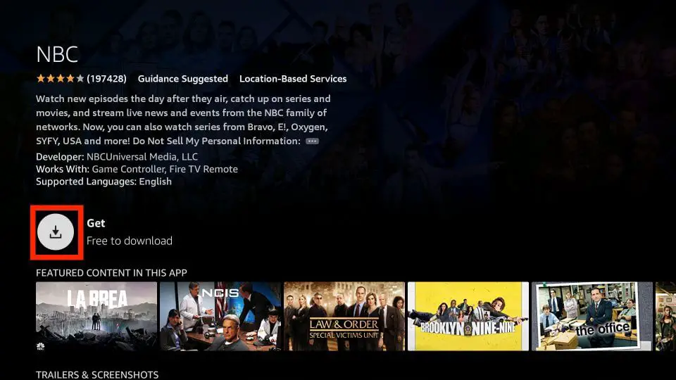 點擊獲取按鈕在 Firestick 上安裝 NBC