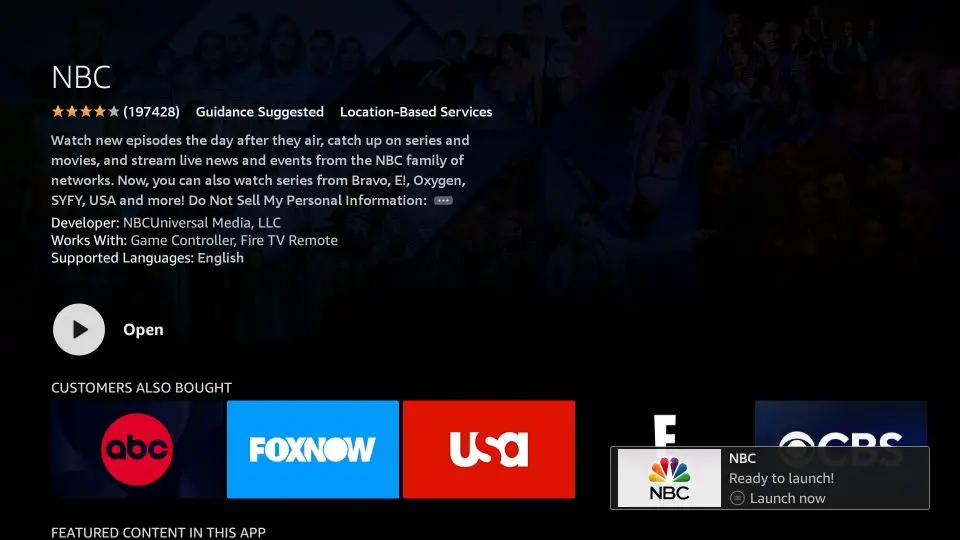 點擊打開以在您的 Firestick 上啟動 NBC 應用程序。