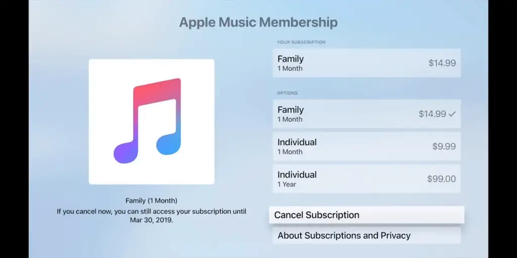取消 Apple Music 訂閱
