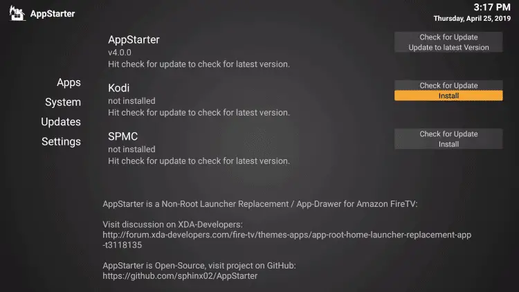 使用 AppStarter 在 Firestick 上使用 Kodi