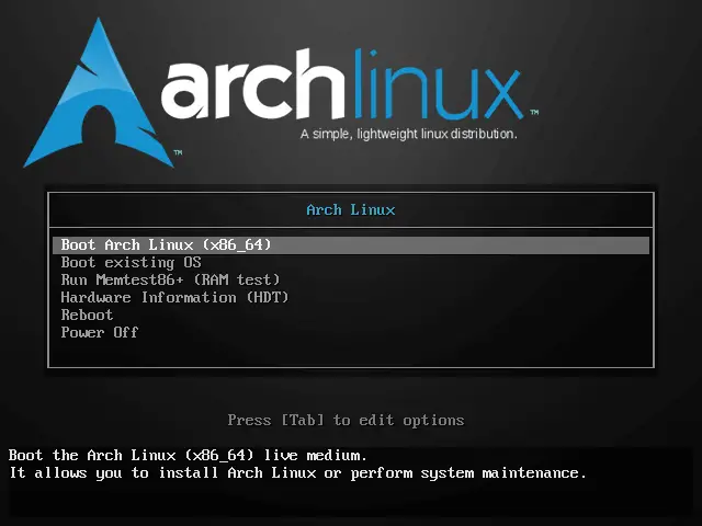 選擇Boot Arch Linux 安裝Arch Linux 