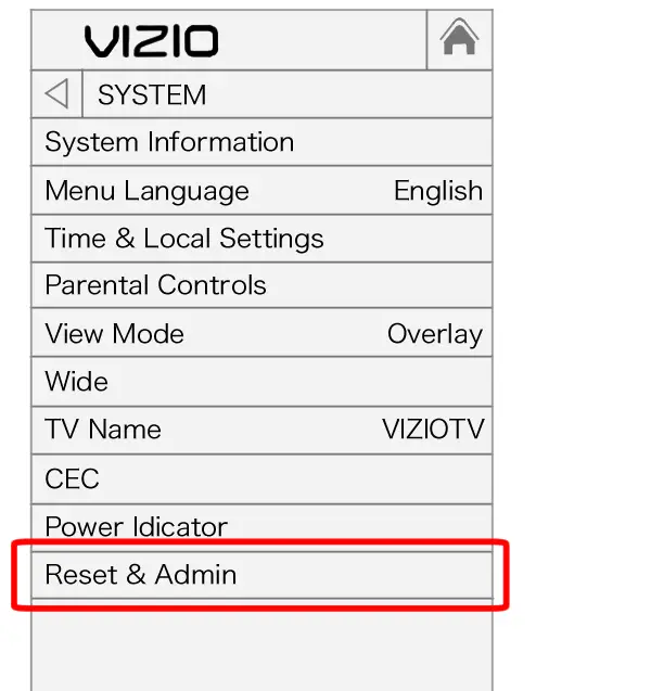 vizio 智能電視上的重置和管理選項