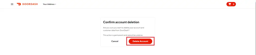 DoorDash アカウントを完全に削除するには、[アカウントの削除] ボタンをクリックします。