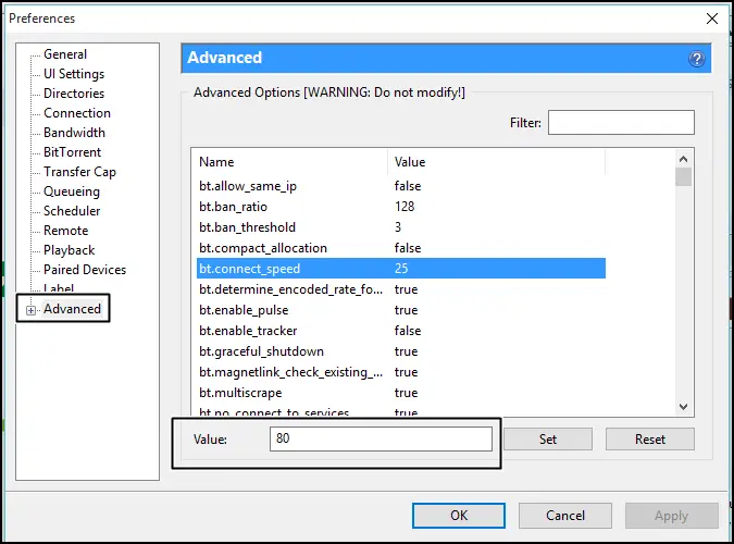 將“ bt.connect_speed”設置為80