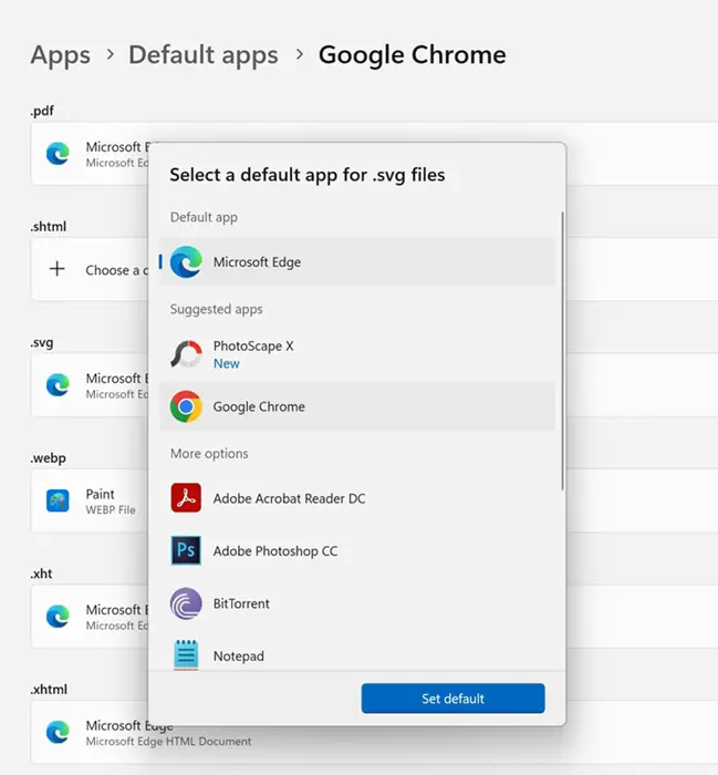 將Google Chrome設置為其他文件類型的默認應用